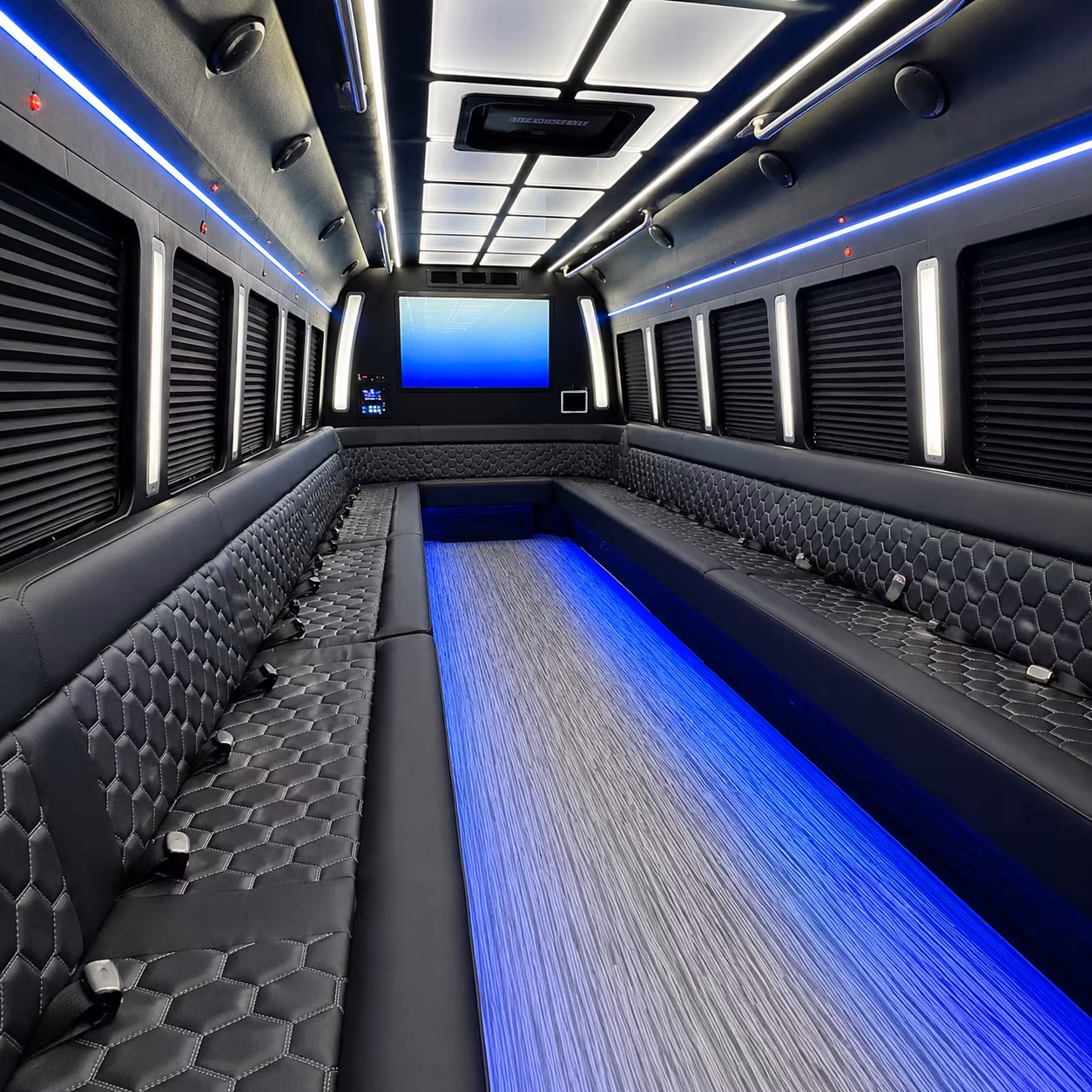 plano 50 passenger party bus inside